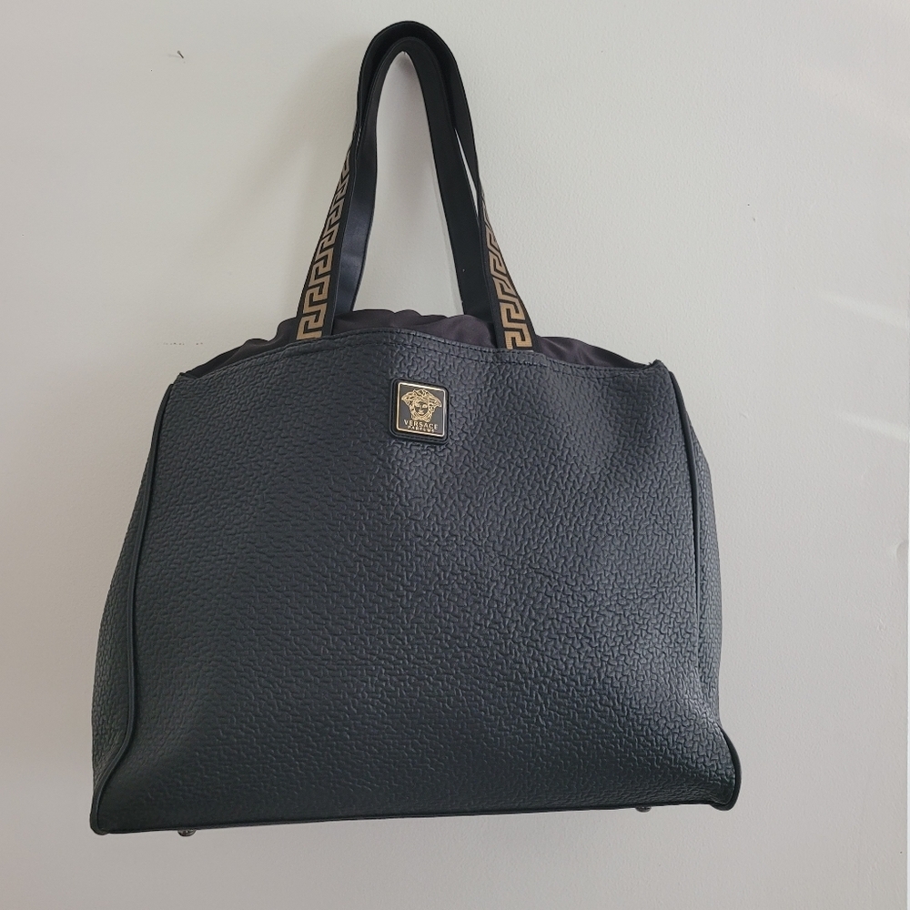 NEW Versace Parfums Black Faux Leather Weekender Gold Medusa Tote Bag